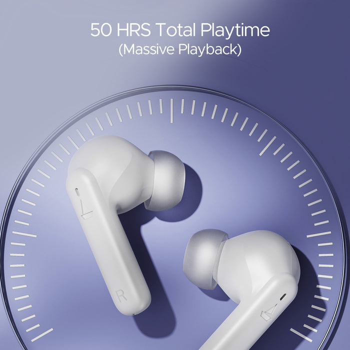 White boAt Airdopes 170 wireless earbuds showing 50 hours total playtime on a purple background