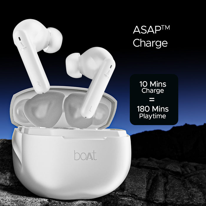 boAt Airdopes 170 wireless earbuds in white with charging case showing fast charge features