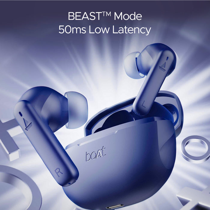 boAt Airdopes 170 wireless earbuds in blue with charging case featuring BEAST mode and low latency