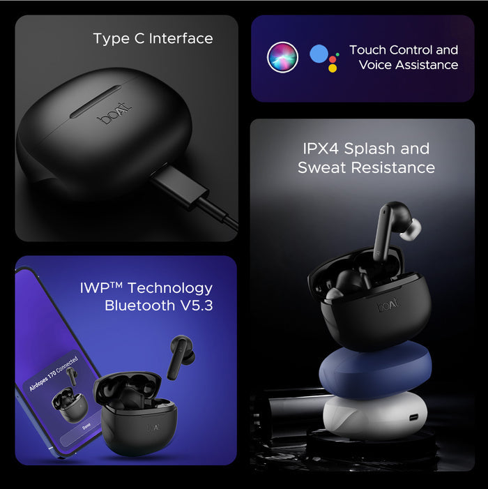 boAt Airdopes 170 wireless earbuds with Type C charging, touch control, voice assistant, and IPX4 water resistance