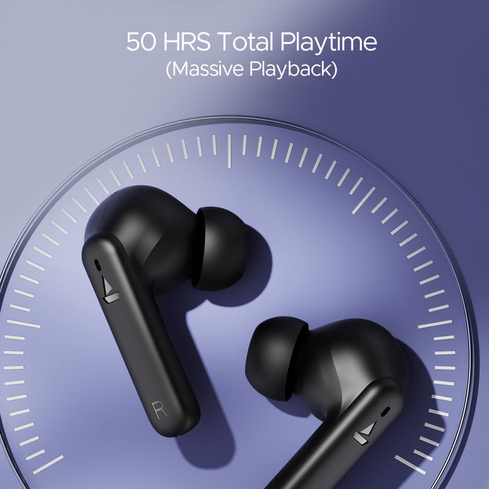 Black boAt Airdopes 170 wireless earbuds with 50 hours total playback time on purple background