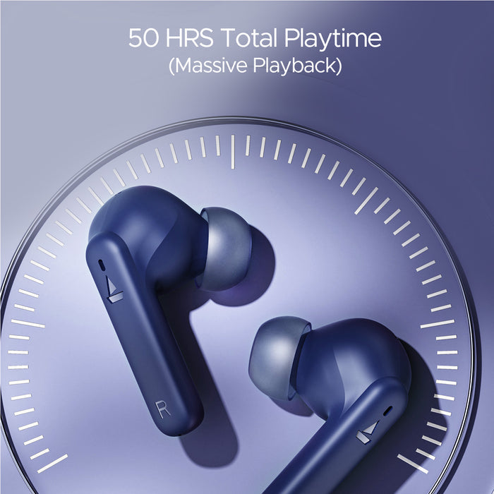 boAt Airdopes 170 wireless earbuds in blue with 50 hours total playtime displayed on a clock background