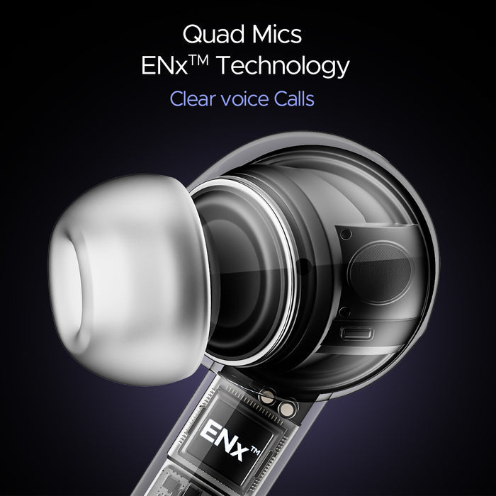 Close-up of boAt Airdopes 170 wireless earbuds showcasing quad mics and ENx technology for clear voice calls