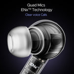 Close-up of boAt Airdopes 170 wireless earbuds showcasing quad mics and ENx technology for clear voice calls