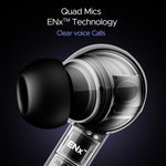 Close-up of boAt Airdopes 170 wireless earbuds showcasing quad mics and ENx technology for clear voice calls