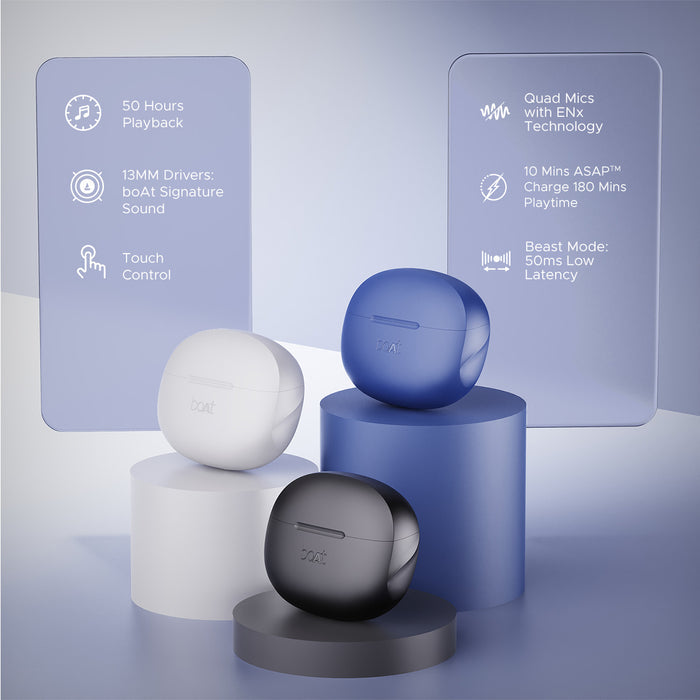 boAt Airdopes 170 wireless earbuds in black white and blue with key features like 50 hours playback and touch control