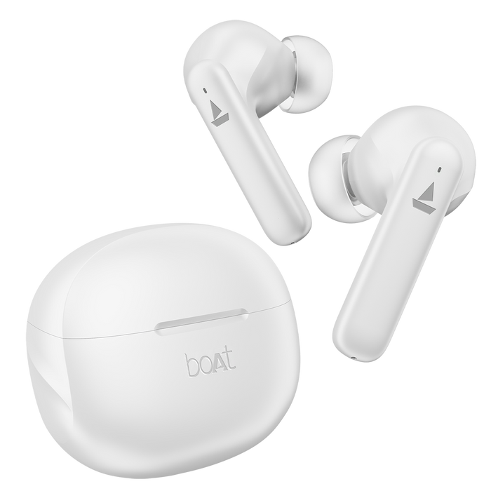 White boAt Airdopes 170 wireless earbuds with charging case for wireless audio convenience