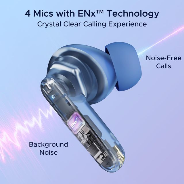 Close-up of blue boAt Airdopes 191 ANC earbuds showing internal 4 mics with ENx technology for noise-free calls