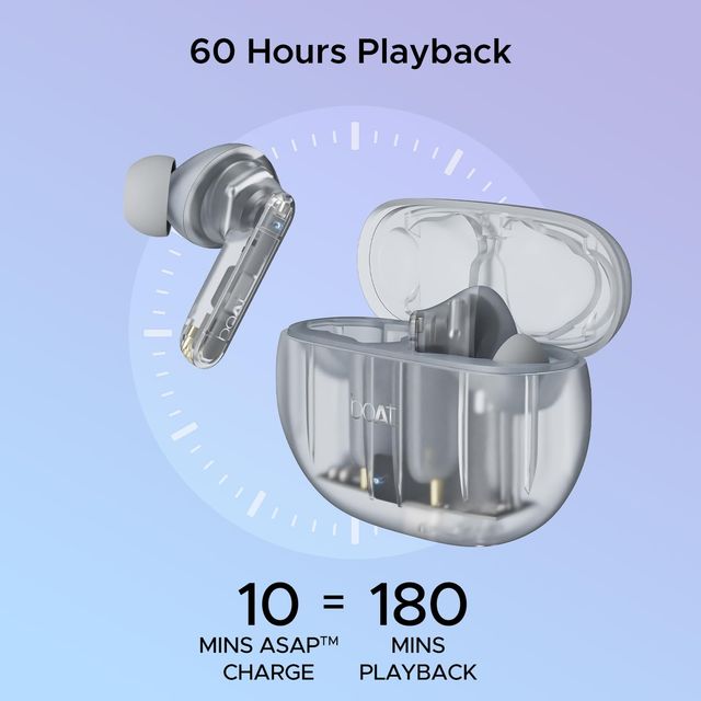 boAt Airdopes 191 ANC earbuds with transparent charging case showing 60 hours playback and fast charge feature
