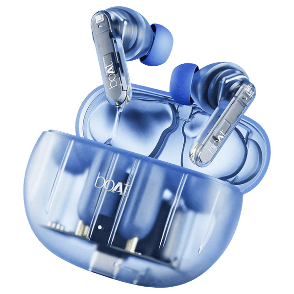 Blue boAt Airdopes 191 ANC earbuds with transparent charging case open showing earbuds inside