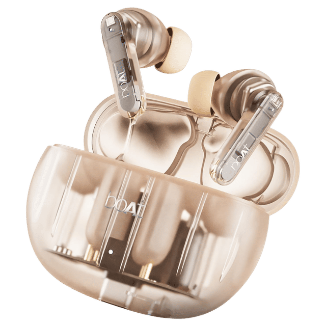 boAt Airdopes 191 ANC earbuds in transparent charging case showcasing sleek design and soft ear tips