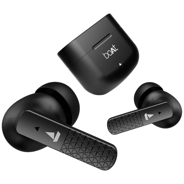 boAt Airdopes 91 wireless earbuds in black with textured stems and compact charging case