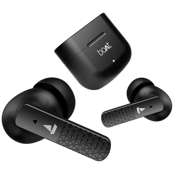 boAt Airdopes 91 wireless earbuds in black with textured stems and compact charging case