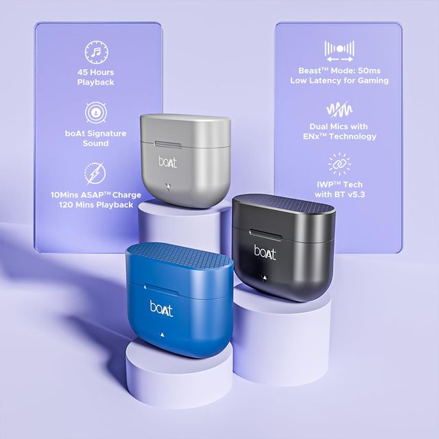 boAt Airdopes 91 wireless earbuds in silver black and blue with features like 45 hours playback and low latency for gaming