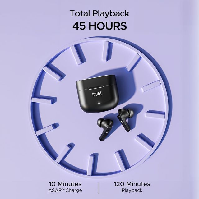 boAt Airdopes 91 wireless earbuds with charging case showing 45 hours total playback time