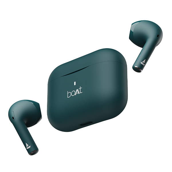 BoAt Airdopes Ace wireless earbuds in dark green with charging case floating on black background