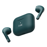BoAt Airdopes Ace wireless earbuds in dark green with charging case floating on black background