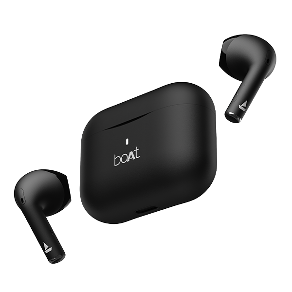 BoAt Airdopes Ace wireless earbuds in black with charging case floating on black background