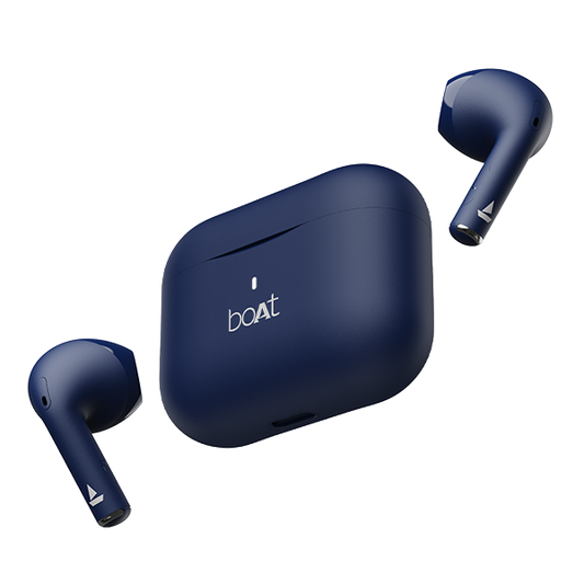 BoAt Airdopes Ace wireless earbuds in navy blue with charging case for boat accessories