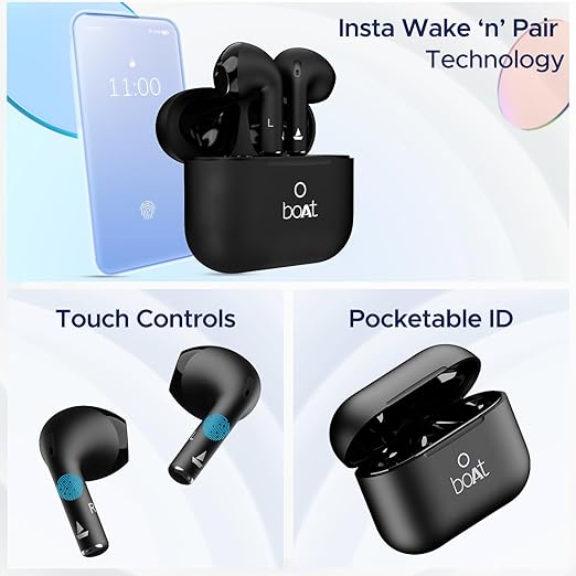 BoAt Airdopes Ace wireless earbuds in black with charging case showcasing touch controls and pocketable ID feature