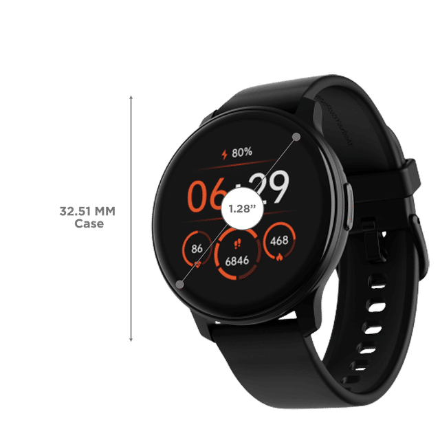 boAt Lunar Call smartwatch with black round dial and fitness tracking display on black strap