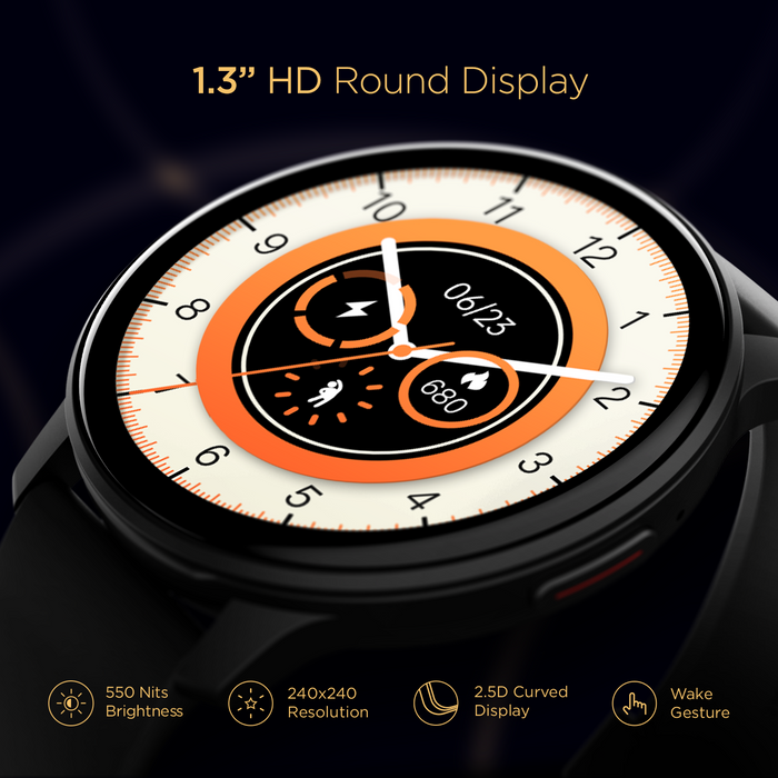 boAt Lunar Call smartwatch with 1.3 inch HD round display showing fitness tracking and time