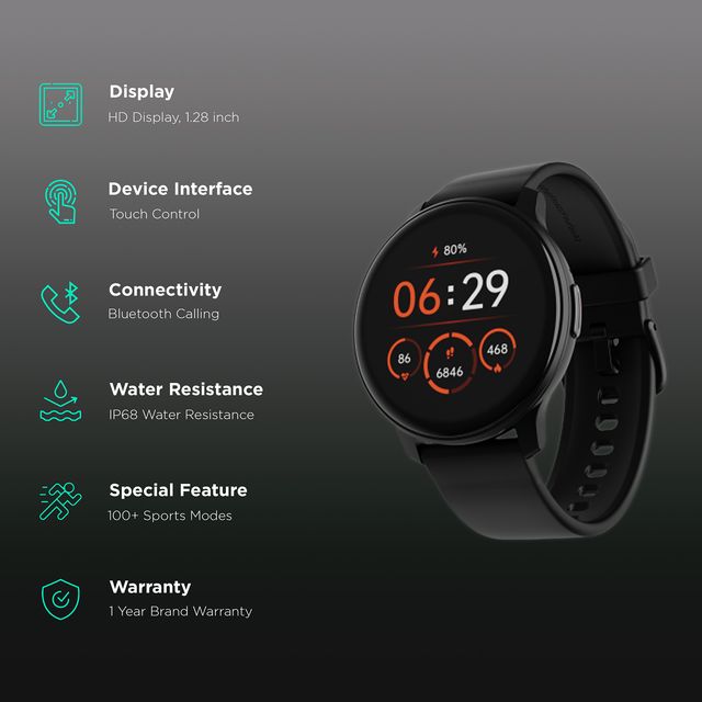 boAt Lunar Call smartwatch with 1.28 inch HD display black design showing fitness tracking and call features