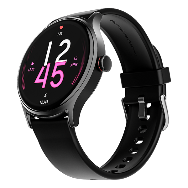 boAt Lunar Vista smartwatch with black round dial and silicone strap showing fitness tracking display