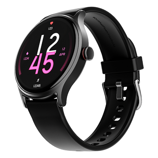 boAt Lunar Vista smartwatch with black round dial and silicone strap showing fitness tracking display