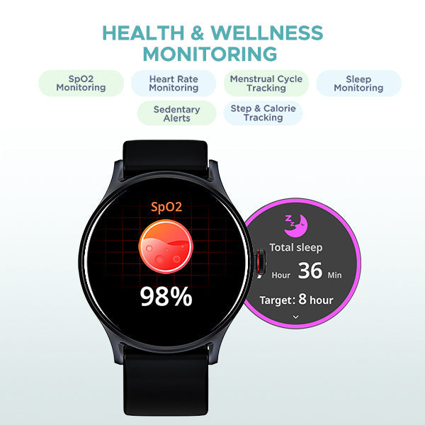 boAt Lunar Vista smartwatch showing SpO2 and sleep monitoring for health and wellness tracking