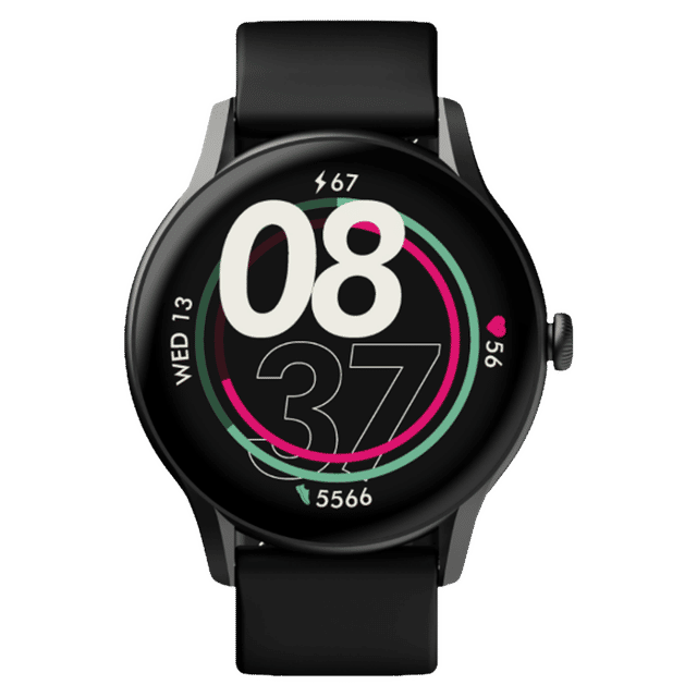 boAt Primia Ace smartwatch with black strap showing fitness tracking and digital time display