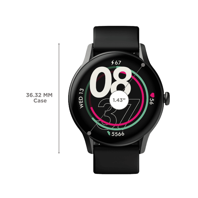 boAt Primia Ace smartwatch with black strap featuring 1.43 inch round display and health tracking metrics