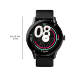 boAt Primia Ace smartwatch with black strap featuring 1.43 inch round display and health tracking metrics