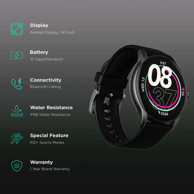 boAt Primia Ace smartwatch with 143 inch AMOLED display black strap and multiple sports modes