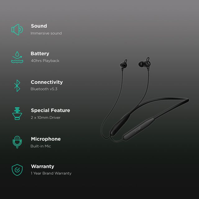 boAt Rockerz 109 wireless neckband showing immersive sound, 40hrs battery, Bluetooth v5.3, built-in mic, and 1-year warranty