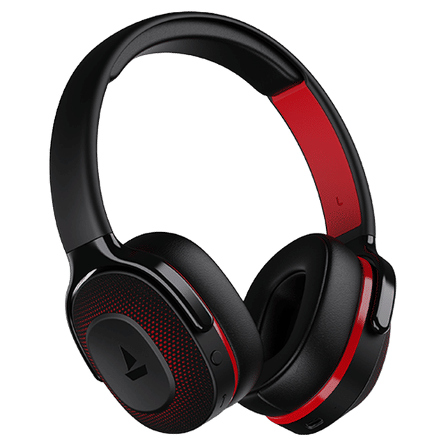 boAt Rockerz 425 wireless headphones in black and red with cushioned ear cups and adjustable headband