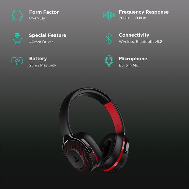 boAt Rockerz 425 wireless headphones over-ear black and red with 25hrs battery and Bluetooth v5.2