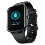 boAt Storm Infinity Smartwatch in black showcasing 15 days battery life on display with textured strap