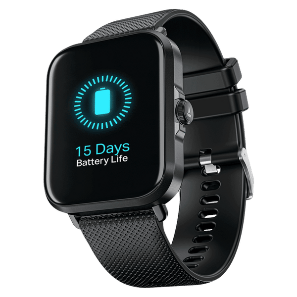 boAt Storm Infinity Smartwatch in black showcasing 15 days battery life on display with textured strap