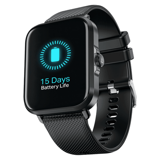 boAt Storm Infinity Smartwatch in black showcasing 15 days battery life on display with textured strap