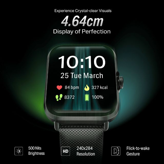 boAt Storm Infinity Smartwatch with 4.64cm display showing time, date, heart rate, calories, steps, and battery status
