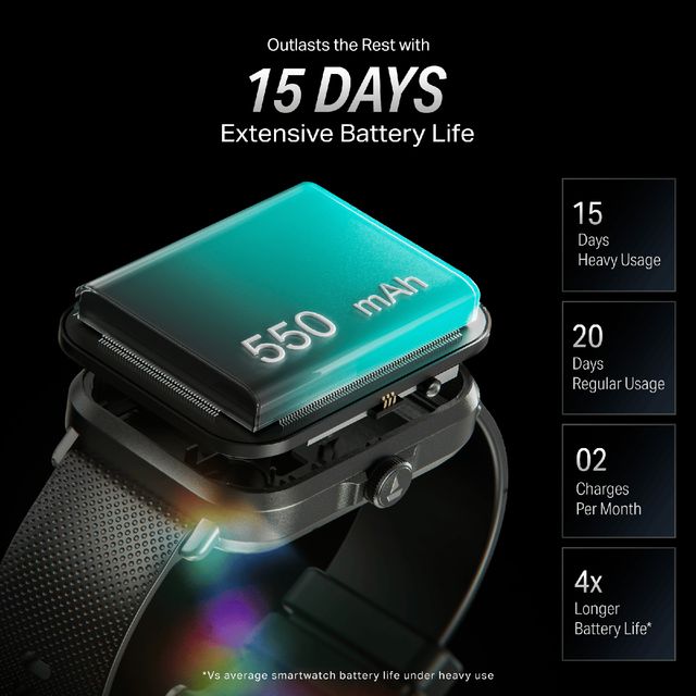 boAt Storm Infinity Smartwatch with 550 mAh battery offering 15 days extensive battery life and heavy usage support
