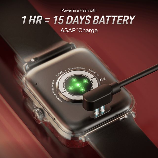 boAt Storm Infinity Smartwatch back view showing magnetic charger with 15 days battery life feature