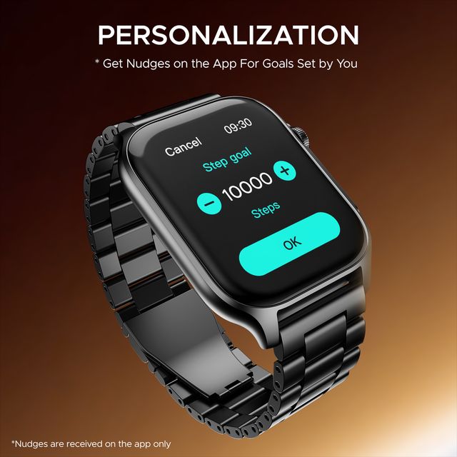 boAt Ultima Ember Smartwatch with black metal strap showing step goal personalization screen