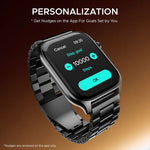 boAt Ultima Ember Smartwatch with black metal strap showing step goal personalization screen