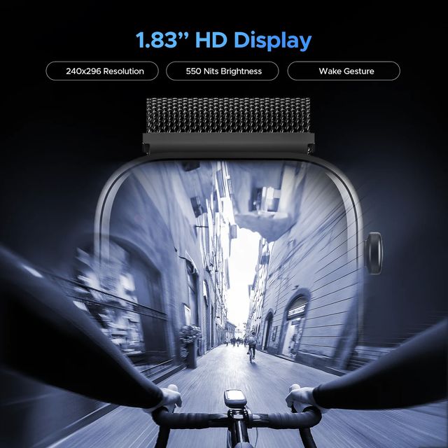 boAt Wave Astra 3 smartwatch with 1.83 inch HD display showing a cycling street view