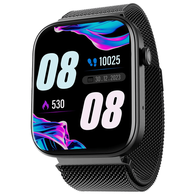 boAt Wave Astra 3 smartwatch with black metal mesh strap and vibrant digital display showing time and fitness stats