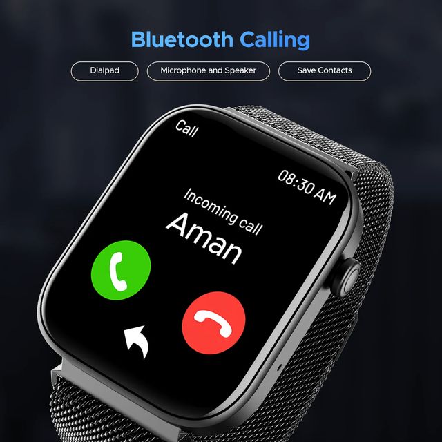 boAt Wave Astra 3 smartwatch displaying incoming call screen with Bluetooth calling features and metal mesh strap