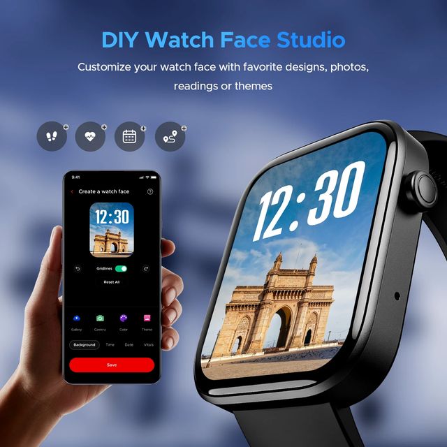 boAt Wave Astra 3 smartwatch with customizable watch face showing Gateway of India and mobile app interface