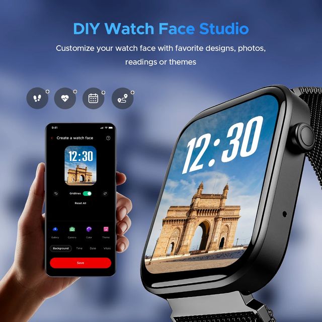 boAt Wave Astra 3 smartwatch with customizable watch face showing time and Gateway of India image